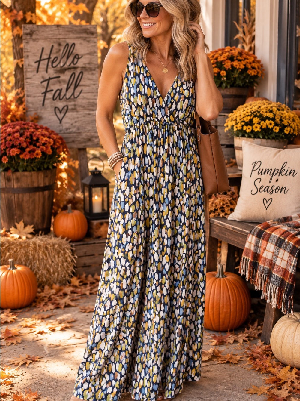 New York & Company Sleeveless V-Neck Maxi Dress in Blue, Yellow & White